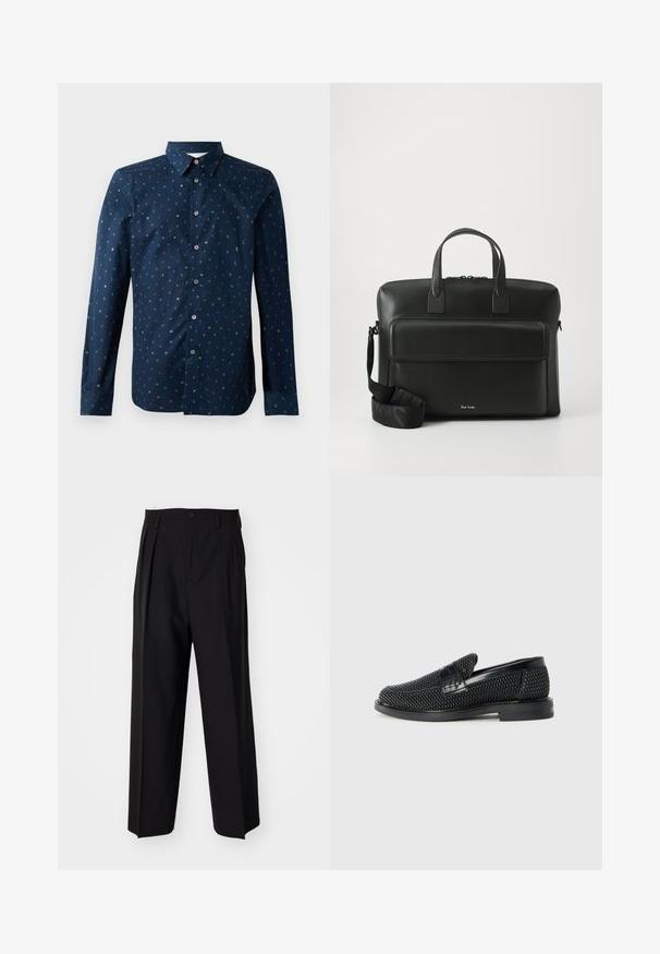 Granatowa koszula z guzikami, z kolorowym wzorem liter, długimi rękawami i klasycznym kołnierzykiem, o regularnym kroju i gładkiej strukturze.; Czarne plisowane spodnie o prostym, szerokim kroju nogawek. Wykonane z gładkiego materiału, z zapięciem na guzik i pętelkami na pasek.; Czarny, pleciony but wsuwany z gładkim skórzanym akcentem na cholewce, o okrągłym nosku i niskoprofilowej gumowej podeszwie.; Czarna skórzana teczka z podwójnymi rączkami u góry, przednią kieszenią oraz odpinanym paskiem, z delikatnym logo na dole.