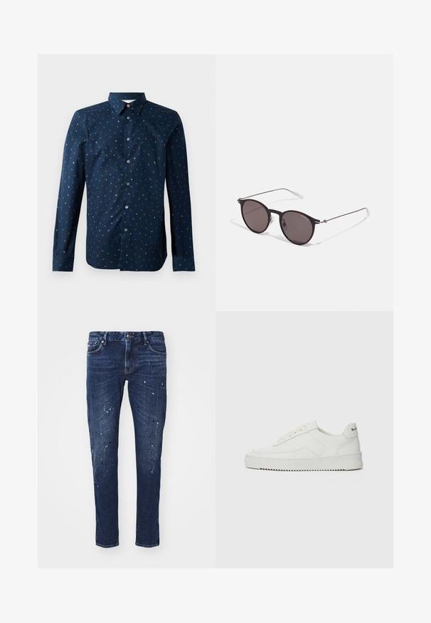 Tengerészkék ing, színes betűmintával, hosszú ujjal és klasszikus gallérral, normál szabással és sima textúrával.; Sötétkék, slim fit farmernadrág, festékcseppekkel, látható varrással és klasszikus öt zsebbel. Egyenes szárú fazon.; Fehér bőr sportcipő sima felülettel, kerek orral, lapos fűzőkkel és texturált talppal. Finom logó található a sarokon.; Fekete kerek napszemüveg sötét lencsékkel és karcsú fém szárakkal. Átlátszó szárvégeket és ezüst részleteket tartalmaz az ívnél. Minimalista dizájn.