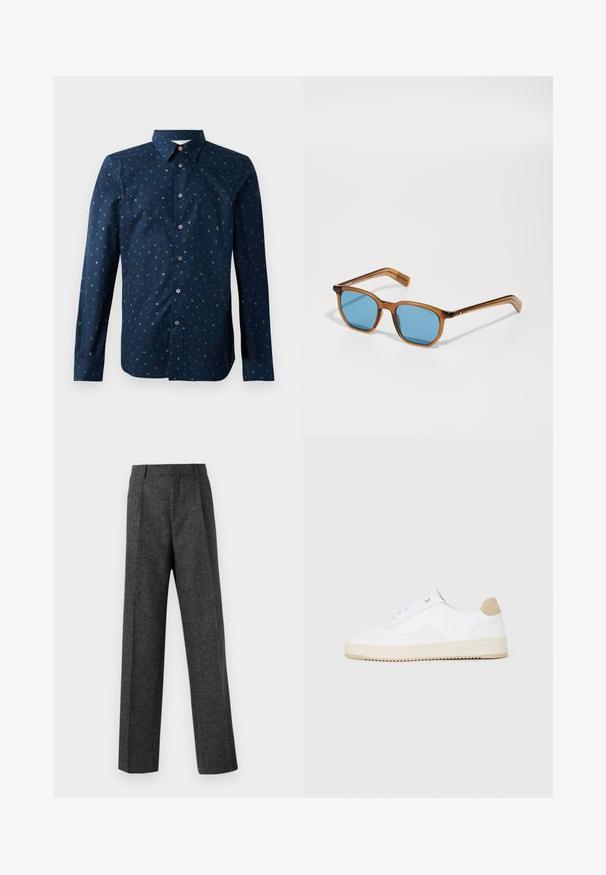 Jūrinis marškiniai su mygtukais, turintys spalvingą raidžių raštą, ilgomis rankovėmis ir klasikinio tipo apykakle, su įprastu tinkamu siluetu ir lygia tekstūra.; Pilki pritaikyti kelnių modeliai, pagaminti iš tekstūruotos medžiagos, su dviem priekiniais klostėmis ir tiesiogine kojų forma. Nėra matomų kišenių ar puošybų.; Baltos žemos sportbačiai su tekstūruota odine viršutinė dalimi, kreminė banguota priekiu ir ruda kulno akcentu. Yra baltos raištelės ir logotipas ant kulno.; Rudos plastikiniai akinių rėmeliai su mėlynomis lęšiais, kvadratinės formos, ploni nagučiai, tekstūruoti akcentai ant šventyklų ir blizgus paviršius.