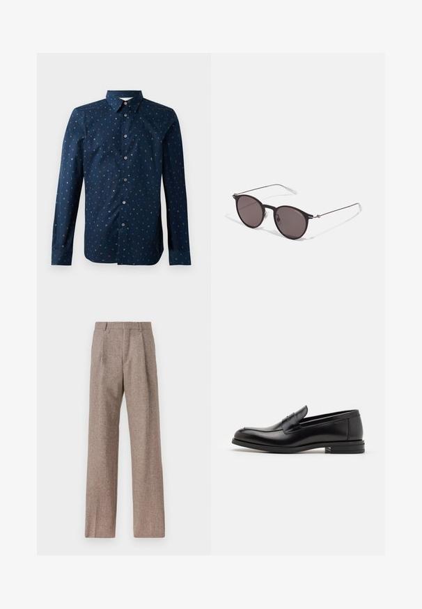 Námornícka košeľa s gombíkmi, zdobená farebnou potlačou písmen, dlhé rukávy a klasický golier s normálnym strihom a hladkou textúrou.; Hnedé, vysoké nohavice vyrobené z texturovanej látky. Majú široké nohavice a dva predné záhyby pre štruktúru. Úhľadné spracovanie bez viditeľného kovania.; Čierne kožené mokasíny s hladkou textúrou, zaoblenou špičkou a dekoračným pásikom cez priehlavok. Nízky vrstvený opätok, minimalistický dizajn.; Čierne okrúhle slnečné okuliare s tmavými sklami a tenkými kovovými ramenami. Obsahujú priehľadné konce rámov a strieborné akcenty na pántoch. Minimalistický dizajn.