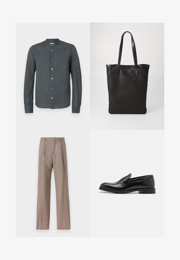 Dark gray long-sleeve shirt made of a textured fabric. Features a band collar, front button closure, and subtle logo detail on the chest.; Brown, high-waisted trousers made of textured fabric. Features wide legs and two front pleats for structure. Neat finish with no visible hardware.; Black leather loafers with a smooth texture, rounded toe, and a decorative strap across the vamp. Low stacked heel, minimalist design.; Black canvas tote bag with black leather handles. Simple design, spacious body, and a smooth texture. No visible logos or patterns.
