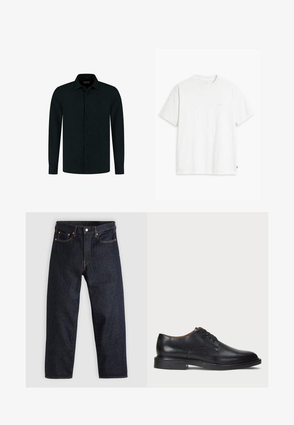 Czarna koszula z długim rękawem zapinana na guziki z kołnierzykiem, z subtelnie wyhaftowanym logo na lewej piersi i mankietami zapinanymi na guziki.; Biała bawełniana koszulka z krótkim rękawem, okrągłym dekoltem i dyskretnym logo Levi's nadrukowanym na środku. Miękka tekstura i standardowy krój.; Granatowe dżinsy w prostym kroju, z pięcioma kieszeniami, kontrastującymi pomarańczowymi szwami oraz zapięciem na guzik. Brak widocznych wzorów lub zdobień.; Czarne skórzane buty wizytowe z okrągłym noskiem, sznurowanym zapięciem i niskim, warstwowym obcasem. Gładka faktura z minimalnymi detalami stębnowania.
