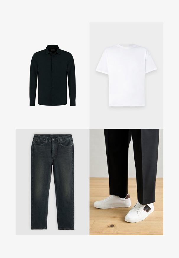 Camicia blu scuro con bottoni, maniche lunghe, colletto classico, logo discreto sul petto e cinque bottoni abbinati sul davanti.; T-shirt bianca in cotone con collo rotondo e maniche corte. Tessuto liscio, taglio dritto, senza motivi né dettagli. Solo vista posteriore.; Jeans in denim blu scuro con taglio dritto, dotati di cinque tasche, chiusura con zip e cuciture a contrasto. Leggera scoloritura sul tessuto.; Sneakers bianchi dalla texture liscia, con dettagli in pelle marrone e particolari neri, abbinati a pantaloni neri su misura. Sfondo in parquet.