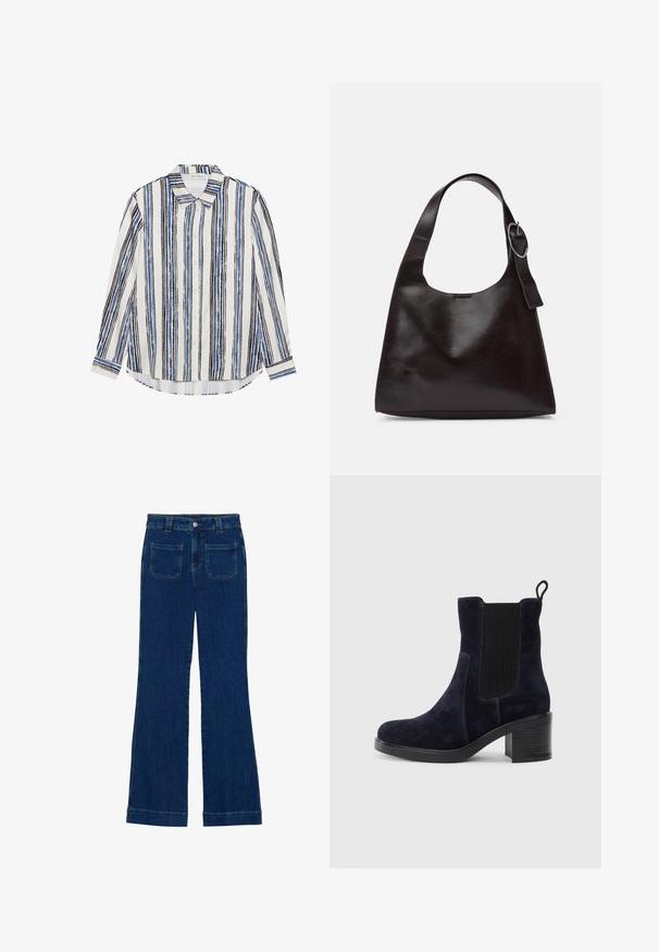 Camisa de botones con rayas verticales en tonos de azul, negro y blanco. Está fabricada con una tela suave, cuenta con un cuello clásico y cierre de botones.; Vaqueros de campana de mezclilla en azul oscuro con una textura suave, diseño de cinco bolsillos y cierre de botón en la cintura.; Botín de ante azul marino con panel lateral elástico, puntera redondeada y tacón de bloque. La tela texturizada y la suela lisa añaden contraste.; Bolso de hombro de cuero marrón con una textura suave, forma redondeada, asa ancha y un acento metálico circular en el mango.