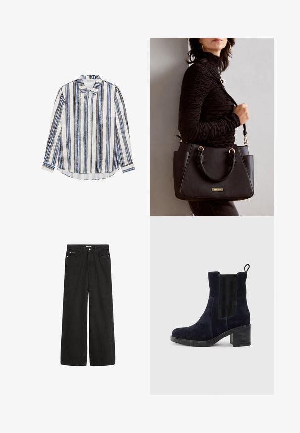 Hemd mit Knopfleiste und vertikalen Streifen in Blau-, Schwarz- und Weißtönen. Hergestellt aus glattem Stoff mit klassischem Kragen und Knopfverschluss.; Schwarz denim Weitbein-Hose mit hoher Taille. Verfügt über fünf Taschen, Metallbeschläge und eine saubere Verarbeitung. Die Textur ist glatt und weich.; Schnürstiefelette aus dunkelblauem Wildleder mit elastischem Seitenpanel, runder Spitze und Blockabsatz. Das strukturierte Material und die glatte Sohle sorgen für Kontrast.; Schwarze Handtasche mit strukturierten Oberflächen, doppelten Obergriffen und verstellbarem Schultergurt. Mit goldfarbener Hardware und Seitentaschen.