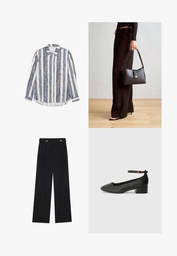 Nupuga särk, millel on vertikaalsed triibud sinise, musta ja valge tooni. Valmistatud siledast kangast, millel on klassikaline krae ja nööpide sulgemine.; Mustad laiad püksid kõrge vöökoha ja nööpdetailidega vööandil, esikortsudega.; Must mustaapp, millel on terav nina ja madal blokk-kand. Omab pahkluu rihma koos kuldse tooni pandlaga. Sile tekstuur.; Must musta kott, millel on struktureeritud kuju, sile tekstuur ja metallist klamber. Kombineeritud laiate mustade pükstega ja avatud varvaste sandaalidega puidust põrandal.