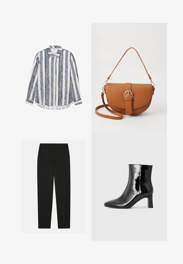Button-up shirt featuring vertical stripes in shades of blue, black, and white. Made of smooth fabric with a classic collar and button closure.; Black trousers with a tailored design, featuring side pockets and a straight leg. Made from smooth, lightweight fabric with a sleek finish.; Black patent leather ankle boot with a pointed toe and a mid-height block heel. Smooth texture and minimalist design.; Brown leather crossbody bag with a curved shape, gold hardware, and a buckle accent. Features a detachable shoulder strap.