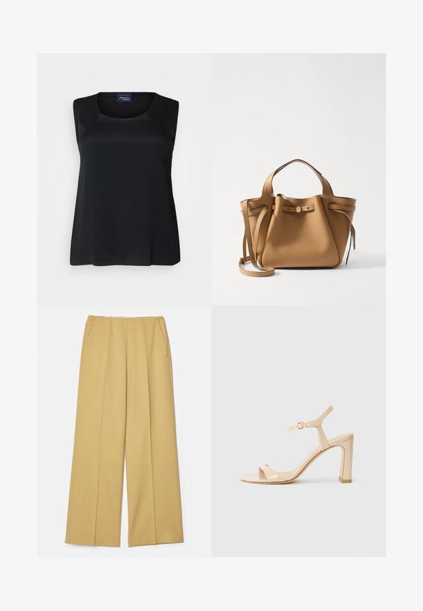 Schwarzes ärmelloses Top aus glattem Stoff, mit rundem Ausschnitt und lockerer Passform. Hat keine sichtbaren Muster oder Verzierungen.; Weite Hosen aus einem senfgelben Stoff, mit Taschen auf der Vorderseite und einer glatten Textur, in einem klaren, maßgeschneiderten Design.; Beige High-Heel-Sandale mit Knöchelriemen und goldener Schnalle, offene Zehen und Blockabsatz auf weißem Hintergrund.; Tory Burch ROMY PEBBLED SATCHEL - Handtasche - tiramisu