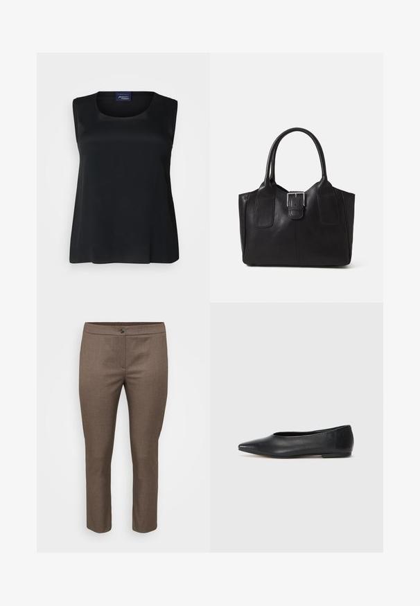 Svart ermeløs topp laget av glatt stoff, med rund hals og avslappet passform. Har ingen synlige mønstre eller dekorasjoner.; Brune skreddersydde bukser, laget av teksturert stoff, med knappelukking og en slim fit-design med rette ben og uten synlige lommer.; Sorte lærballerina med spiss tå, minimalistisk design, glatt tekstur, lav hæl uten synlig metall eller dekorasjoner.; Svart skinn toteveske med jevn tekstur, strukturert form, to håndtak og en fremtredende sølvspenne foran.