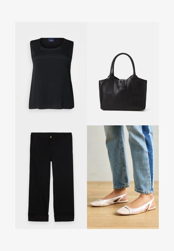 Mustade varrukateta särk, mis on valmistatud siledast kangast, ümmarguse kaelusega ja mugava lõikega. Ei sisalda nähtavaid mustreid ega kaunistusi.; Mustad puuvillased püksid sirge säärega, millel on ees taskud, kuldne nööp sulgemiseks ja voltitud vars. Sile tekstuur.; Kahvatu roosa slingback lapikute jalatsite paar, millel on terav varvas, valmistatud siledast nahataolisest materjalist. Omab külgedel lõikekohti ja lapikut kontsa.; Mustgamma nahast kott, millel on sile tekstuur, struktureeritud kuju, kaks käepidet ja esiküljel silmapaistev hõbedane pandla detail.