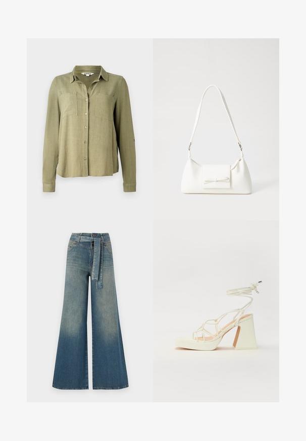 Olivenfarbenes, langärmliges Hemd mit Knopfverschluss, zwei Brusttaschen und einem geknöpften Kragen. Hergestellt aus einem leichten, strukturierten Stoff.; Weit geschnittene Denim-Hosen mit einem Farbverlauf von hellblau zu dunkelblau, hoher Taille, Gürtelschlaufen und einem passenden Stoffgürtel. Strukturierte Denim-Oberfläche.; Weiße High-Heel-Sandale mit einem klobigen Absatz, die über ein Riemchendesign und ein Knöchelband verfügt. Glatte Textur mit einer Plattform vorne für zusätzliche Höhe.; Weiße synthetische Handtasche in dreieckiger Form, flache Vorderklappe und Schleifendetail, verstellbarer Trageriemen, glatte Textur und minimalistisches Design.