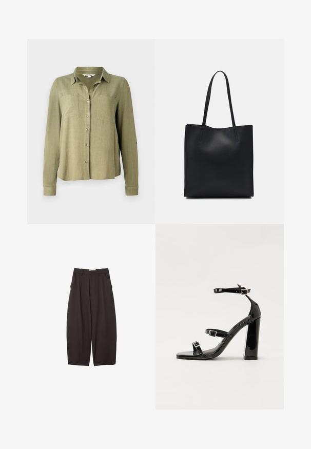 Olivově zelená košile na knoflíky s dlouhými rukávy, dvěma prsními kapsami a límečkovým výstřihem. Vyrobena z lehké, texturované látky.; Černé široké kalhoty vyrobené z hladkého materiálu, s vysokým pasem, předními sklady a bočními kapsami. Jednoduchý design bez ozdob.; Černé lakované sandály na podpatku se čtveratou špičkou, lýtkovými pásky a stříbrnými přezkami. Disponují masivním blokovým podpatkem pro stabilitu.; Černá kožená taška přes rameno s hladkým povrchem, obdélníkovým tvarem a dvěma dlouhými uchy. Žádné viditelné kování ani ozdoby.