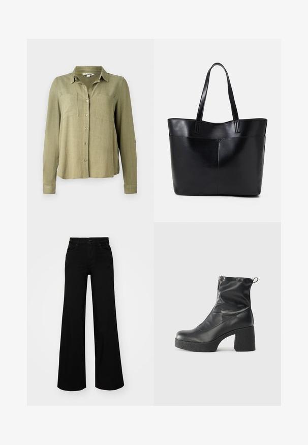 Chemise olive verte à manches longues, avec deux poches poitrine et un col. Fabriquée en tissu léger et texturé.; Pantalons large en denim noir, dotés d'une taille structurée, de passants de ceinture et de poches avant. Texture lisse avec un design classique.; Bottes noires à la cheville en cuir lisse, dotées d'une fermeture éclair sur le côté, d'un talon épais texturé et d'une conception à bout rond.; Sac fourre-tout en cuir noir avec deux longues poignées, une texture lisse et une forme structurée. Dispose d'une poche avant pour un rangement supplémentaire.