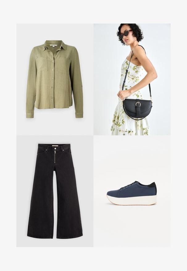 Olíva zöld gombos ing hosszú ujjakkal, két mellzsebbel és galléros nyakkal. Könnyű, texturált anyagból készült.; Fekete denim széles szárú farmer, cipzáros elejével, öt zsebes kialakítással és diszkrét varrással. Sima textúra és laza stílus.; Sötétkék sportcipő, texturált szövet felsőrész, fehér platform talp, lekerekített orr és fekete sarok akcentussal. Hat fűzőlyuk található rajta.; Fekete bőrtáska ívelt formával, levehető pánttal és arany színű fémrészekkel. A táskán egy csattal díszített fedél található.