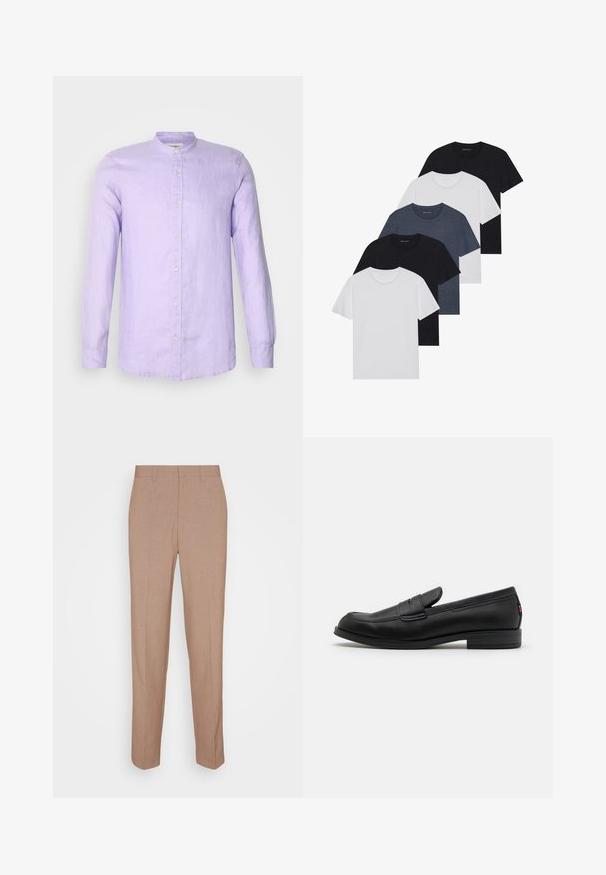 Langärmliges Hemd mit Knopfverschluss aus leichtem Lavendel-Leinen, mit Stehkragen und vorderem Knopfverschluss. Glatte Textur mit lässiger Passform.; Set aus fünf T-Shirts in Schwarz, Weiß und Marineblau. Baumwollstoff, kurze Ärmel, Rundhalsausschnitt und schlichte Textur ohne Muster.; Beige, maßgeschneiderte Hose aus glattem, strukturiertem Stoff. Gerade Passform mit Bund, ohne sichtbare Verzierungen oder Taschen.; Schwarze Lederloafer mit glatter Oberfläche, abgerundetem Zehenbereich und einem kleinen dekorativen Riegel. Ausgestattet mit einem niedrigen, gestapelten Absatz und einem dezenten Markenlogo.