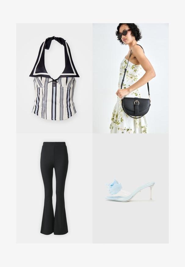 Kreminė ir tamsiai mėlyna horizontaliai dryžuota halter tipo palaidinė su plačia apykakle, turinti sagų uždarymą ir surištą kaklo juostą. Lygus audinio paviršius.; Juoda platės kelnės, pagamintos iš tamprios medžiagos. Turi aukštą juosmenį ir glotnią, prisitaikančią struktūrą, kuri išsiplėtė nuo kelio žemyn.; Mėlynos patentinės odos šlepetės su permatomu dirželiu, dekoruotos minkšta mėlyna audinio gėle ir skaidriu kulnu.; Juodas odinis krepšys su išlenkta forma, nuimamu dirželiu ir auksiniais detalėmis. Krepšys turi kilpą su sagtimi.