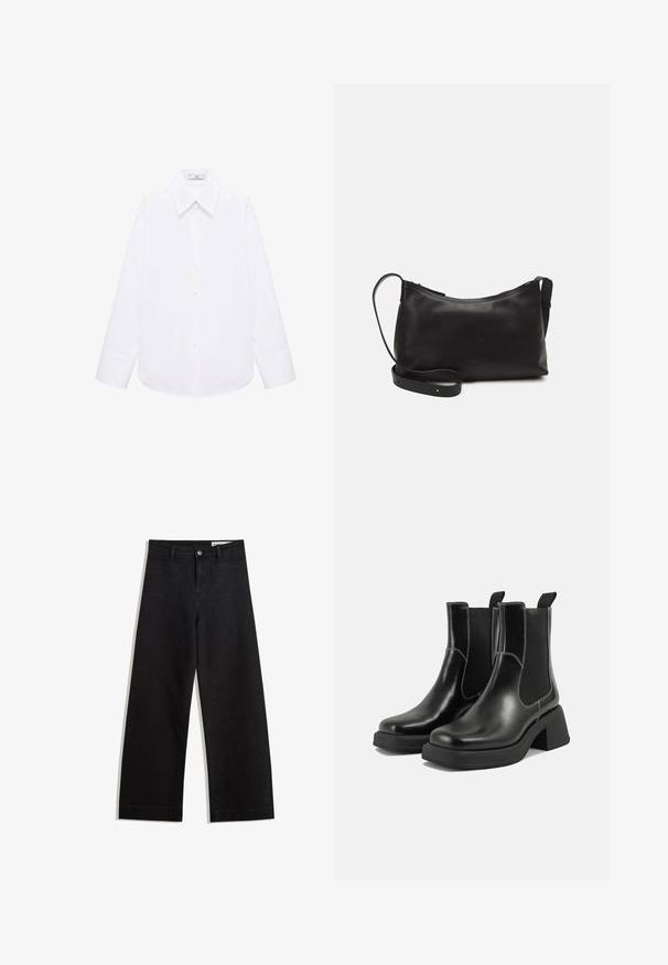 Hvid langærmet skjorte med knaplukning, der har klassisk krave, blød tekstur og lige snit med en let kant forneden.; Sorte wide-leg denim bukser med høj talje, der har front- og baglommer, syede sømme og en knaplukning. Glat tekstur.; Sorte læder Chelsea-støvler med en kraftig hæl, elastiske sidepaneler og kontrastfarvet hvid syning. Tekstureret overflade.; Sort læder skuldertaske med en glat tekstur, buet form, justerbar rem og lynlås. Minimalistisk design uden udsmykninger.; Sølv metalfjedre, en rektangulær og en oval, med glatte overflader og afrundede kanter. Begge har en blank finish og enkle designs.