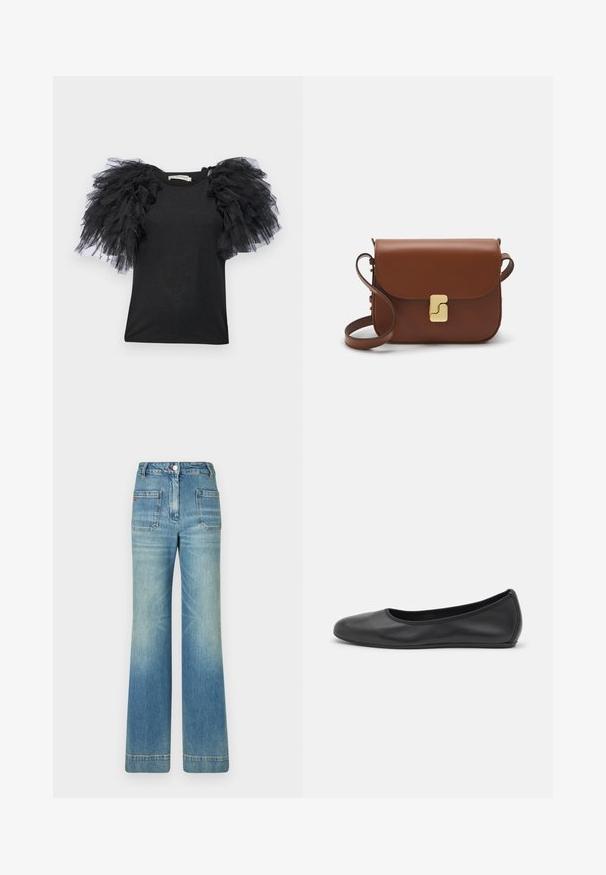 Ida Sjöstedt ANGELICA<NGELICA - Camicetta - black; T-shirt bianca a maniche corte realizzata in tessuto a costine. Collo rotondo, vestibilità regolare e dettagli di cucitura sottili. Senza motivi o grafiche.; Jeans a zampa d'elefante in denim azzurro chiaro con cinque tasche, passanti per cintura, chiusura con bottone e una trama leggermente sbiadita, caratterizzati da un dettaglio con logo rosso sul retro.; Pantofole da balletto nere in pelle con punta arrotondata, texture liscia, dettagli di cucitura minimi e design con suola flessibile.; Borsa a tracolla in pelle marrone con chiusura a pattina, hardware color oro, tracolla e una finitura liscia. Forma rettangolare compatta.