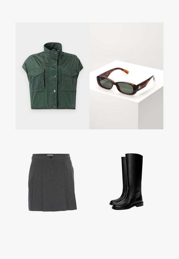 Kurzarm-Jacke im Crop-Style in Dunkelgrün, aus einem glänzenden, strukturierten Material; verfügt über zwei Fronttaschen und einen hohen Kragen mit Knopfverschluss.; Grauer plissierter Rock mit einem Bund, ausgestattet mit einem Knopfverschluss vorne. Aus strukturierter Stoff gefertigt, konzipiert für eine taillierte Passform.; Schwarze knielange Lederstiefel mit glatter Textur, runder Zehenform, flacher Sohle und minimalistischem Design, mit genähten Nähten und ohne sichtbare Beschläge.; Schildpatt rechteckige Sonnenbrille mit grünen Gläsern. Breiter Rahmen, glatte Oberfläche, goldene Akzente an der Seite und schlanke Bügel.
