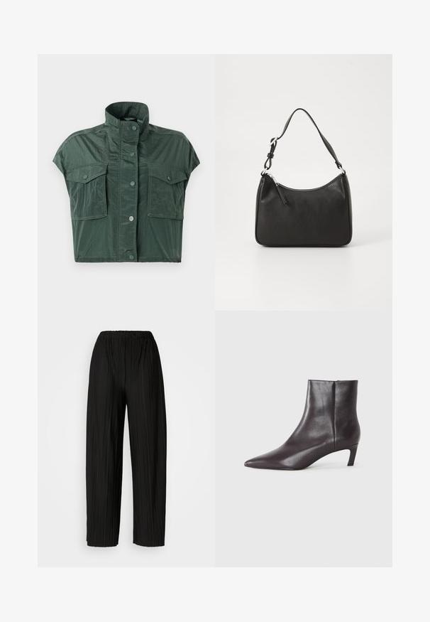 Kurzarm-Jacke im Crop-Style in Dunkelgrün, aus einem glänzenden, strukturierten Material; verfügt über zwei Fronttaschen und einen hohen Kragen mit Knopfverschluss.; Schwarze, plissierte, weite Hosen mit einem elastischen Bund. Der Stoff hat vertikale Falten und eine glatte Textur.; Schwarze Leder-Ankle-Boots mit spitzem Zehenbereich und niedrigem Kitten-Absatz, glatte Oberfläche, seitlicher Reißverschluss, vor einem neutralen Hintergrund präsentiert.; Schwarze Lederhandtasche mit geschwungener Form, einem einzigen Tragegurt, Reißverschlussverschluss und dezentem Branding auf der Vorderseite. Glatte Textur, minimalistisches Design.