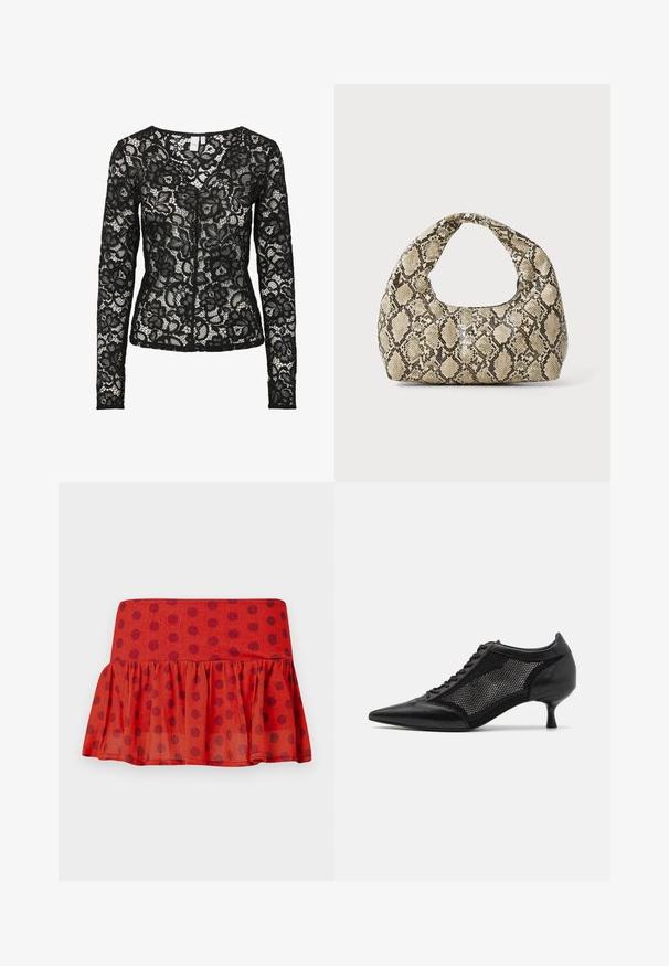 Crna dugouh rukav čipkasta bluzica s cvjetnim uzorkom, prozirna tkanina i okrugli dekolte, s prednjim kopčom na kuka i oko.; Crvena suknja s naborima i crnim točkicama, izrađena od lagane tkanine. Ima uski pojas i slojeviti dizajn.; Crne cipele s oštrom nazubljenom petom i mrežastim panelom, sa niskom petom i vezanjem sprijeda. Izrađene od kombinacije kože i mrežastog materijala.; Torba s uzorkom zmije s zakrivljenom drškom. Izrađena od teksturiranih materijala u bež i smešnim tonovima, sa karakterističnim dijamantnim uzorkom.