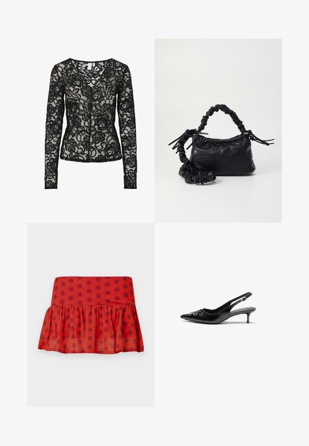 Melna garās piedurknes mežģīņu blūze ar ziedu rakstu, caurspīdīga auduma un noapaļota dekoltē, ar priekšējiem āķa un acs aizdari.; Sarkans volāns svārks ar melniem punktiņiem, izgatavots no viegla auduma. Iespējojies ar pieguļošu jostasvārku un slāņotu dizainu.; Melni ādas sandales ar norādītu pirkstu, mazu kaķa papēdi un dekoratīvu mezglu detaļu priekšā. Gluda tekstūra visā virsmā.; Melnā mākslīgās ādas rokassoma ar krokodila rakstu, savilkta augšdaļa un saburzīta siksna. Izskatās mīksta un kompakta pēc dizaina.