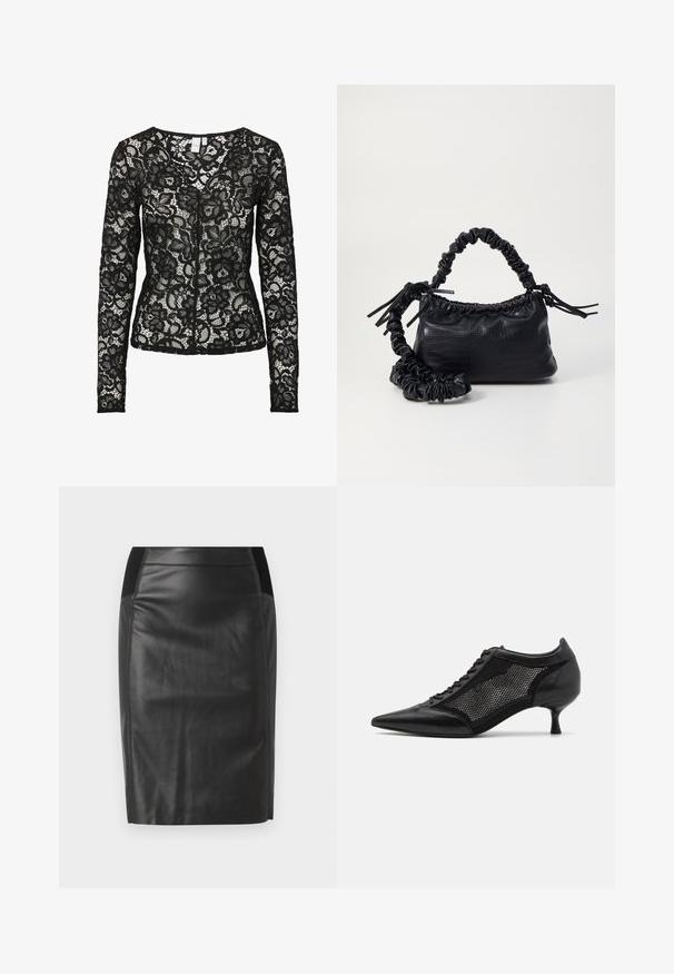 Musta pitkähihaiseen pitsipusero, jossa on kukkakuosi, läpikuultavaa kangasta ja pyöreä kaula-aukko. Puserossa on edessä koukku- ja silmäkiinnitys.; Mustat nahkaiset lyhyet hameet, joissa on tiukka muotoilu, sileä pinta ja joustavat vyötärönauhan yksityiskohdat molemmin puolin. Litteä helma alareunassa.; Mustat kärjetossut, joissa on verkkopaneeli, matala korko ja nauhanytkytys edessä. Valmistettu nahka- ja verkkokombinaatiosta.; Must-have mustekahvi nahkalaukku krokotiiliaistalla, kiristetty yläosa ja rypistetty hihna. Näyttää pehmeältä ja kompaktilta muotoilultaan.