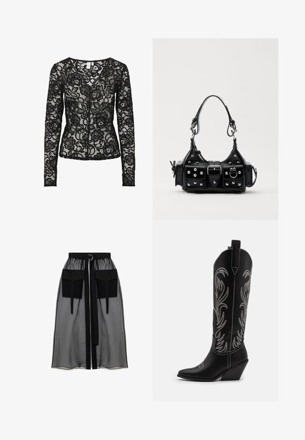 Musta pitkähihaiseen pitsipusero, jossa on kukkakuosi, läpikuultavaa kangasta ja pyöreä kaula-aukko. Puserossa on edessä koukku- ja silmäkiinnitys.; Musta läpinäkyvä hame, jossa on kerätty vyötärö, kaksi suurta etutaskua, vyönauha ja pyöreä metallikoriste.; Mustat nahkasaappaat cowboy-tyyliin, joissa on terävät varpaat, viistot korot ja hopeiset brodeeratut kukkakuviot varressa. Eroava ompelu koko saappaassa.; Musta nahkainen käsilaukku, jossa on kaareva muotoilu, hopeiset niitit, solki ja kaksi sivutaskua. Säädettävä olkahihna erilaisiin kantovaihtoehtoihin.
