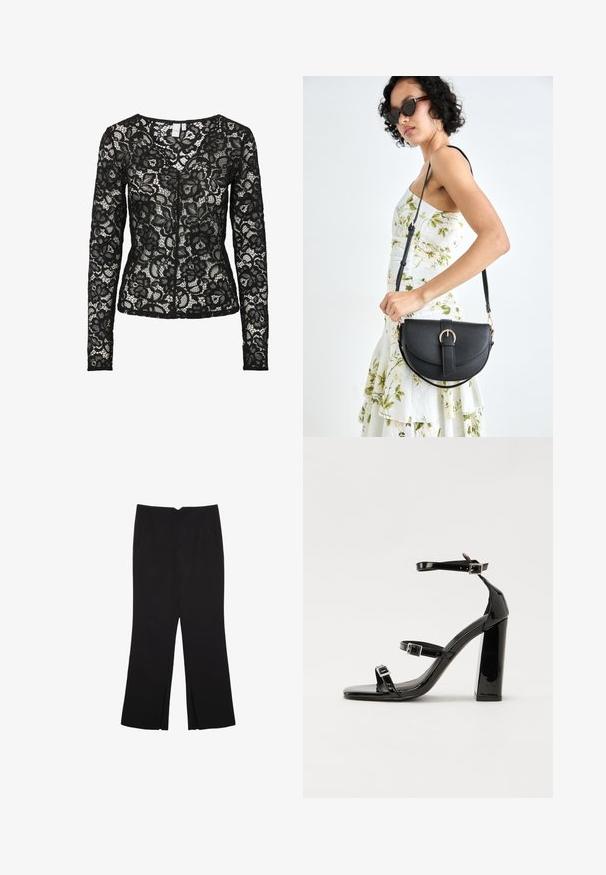 Schwarze Langarm-Spitzenbluse mit Blumenmuster, durchscheinendem Stoff und rundem Ausschnitt, mit einem vorderen Haken- und Ösenverschluss.; Schwarze Hose mit geradem Schnitt, ausgestattet mit Fronttaschen und Seitenschlitzen am Saum. Hergestellt aus weichem, glattem Stoff. Geeignet für verschiedene Anlässe.; Schwarze patentierte Sandalen mit Absatz, quadratischer Spitze, Knöchelriemen und silbernen Schnallen. Mit einem stabilen Blockabsatz für mehr Stabilität.; Schwarze Lederhandtasche mit geschwungener Form, abnehmbarem Tragegurt und goldenen Beschlägen. Die Tasche verfügt über einen Deckel mit einer Schnallen-Details.