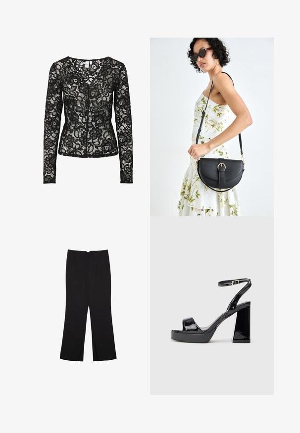 Čierna dlhá čipková blúzka s kvetinovým vzorom, priesvitná tkanina a okrúhly výstrih, s predným zapínaním na háčik a očko.; Čierne nohavice so strihom rovného strihu, s prednými vreckami a bočnými rozparkami na leme. Vyrobené z mäkkej, hladkej tkaniny. Vhodné na rôzne príležitosti.; Čierne lakované sandále na platforme s robustným vysokým opätkom a prackou na členku na bielom pozadí.; Čierna kožená kabelka s zaobleným tvarom, odnímateľným popruhom a zlatými doplnkami. Kabelka má klopu s detailom s prackou.