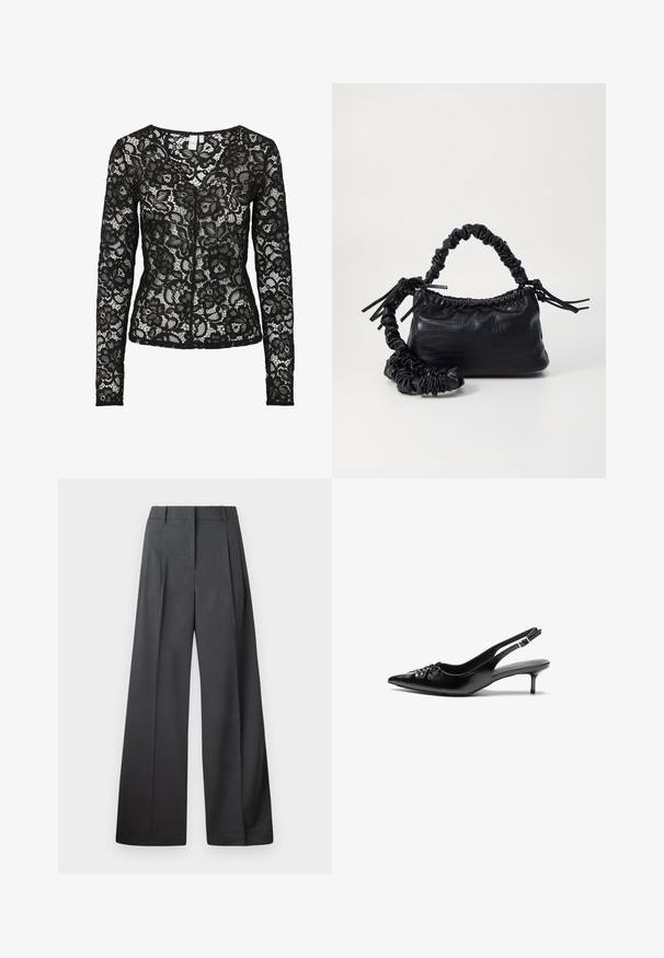 Black long-sleeve lace blouse with floral pattern, sheer fabric, and a rounded neckline, featuring a front hook-and-eye closure.; Wide-leg trousers in dark gray fabric, featuring a high waist, single pleats, and a smooth texture with a clean finish at the hems.; Black leather slingback heels with a pointed toe, small kitten heel, and a decorative knot detail on the front. Smooth texture throughout.; Black faux leather handbag with a crocodile texture, cinched top, and a scrunched strap. Appears soft and compact in design.