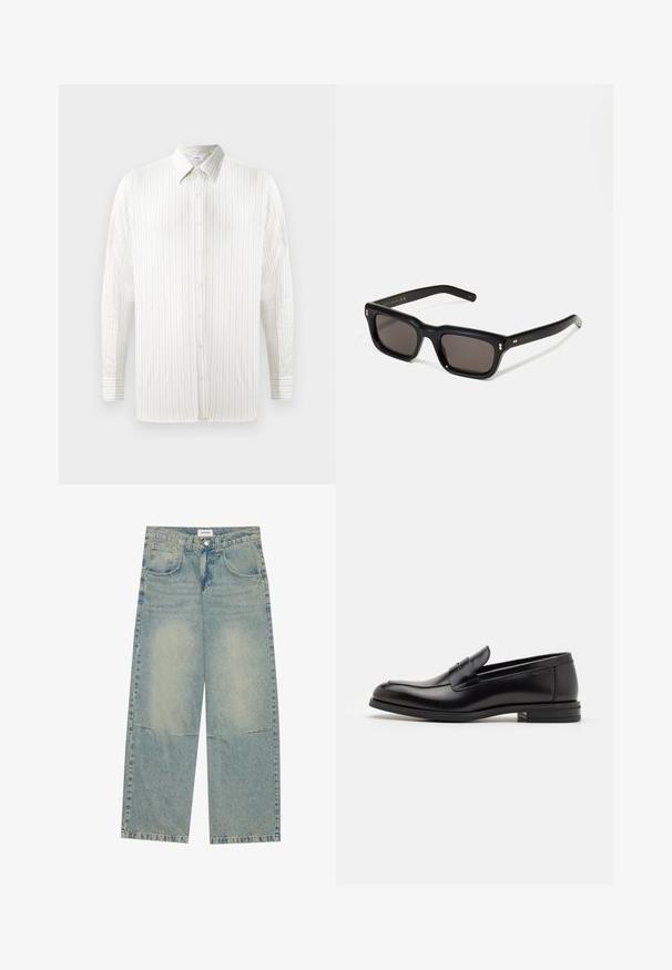 Valge pikkade varrukatega särk, millel on õhukesed vertikaalsed triibud, nööbid ees, terav kaelus ja manseti detailid. Valmistatud kergest kangast.; Heledad helesinist tumesinist teksad, millel on kaks esist taskut, nupuga kinnitamine ja pleekinud pesu nähtava õmblusega.; Mustad mustad nahast loafers sileda tekstuuriga, ümarat ninaosa ja dekoratiivne riba vampi üle. Madal kihiline konts, minimalistlik disain.; Mustad mustakorruselised prillid tumedate läätsedega, paks plastikraam, kuldsed aksendid templites ning kaubamärgi logo graveeritud käe lilla.