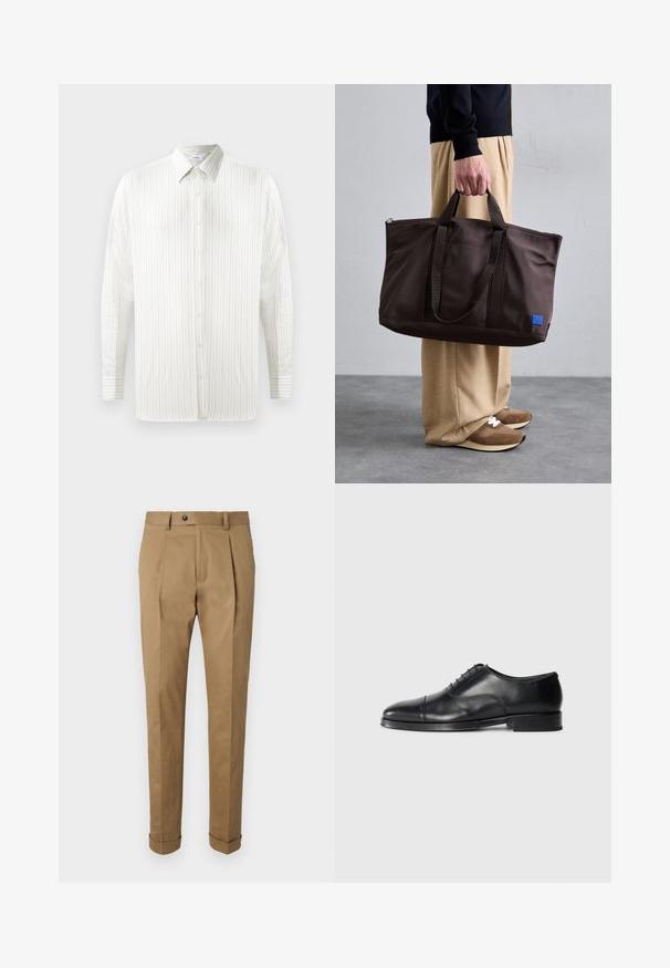 Camicia bianca a maniche lunghe con sottili righe verticali, design con bottoni, colletto a punta e dettagli sui polsini. Realizzata in tessuto leggero.; Pantaloni eleganti color khaki con una vestibilità su misura, caratterizzati da pieghe, chiusura con bottone, passanti per cintura e orli arrotolati. Realizzati in un tessuto liscio e resistente.; Scarpa da uomo in pelle nera con punta arrotondata, texture liscia, design con lacci e un delicato dettaglio di cucitura, caratterizzata da un tacco basso e piatto.; Borsa a spalla in nylon marrone con doppio manico, chiusura con zip e patch logo blu. Texture liscia, design strutturato, interno spazioso.