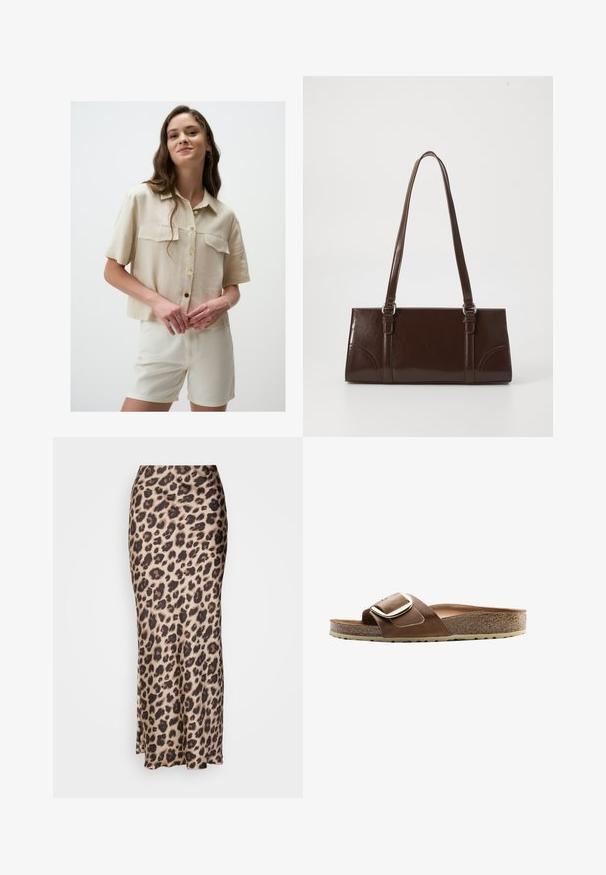 Beige korteknopshemd met een kraag, twee borstzakken en gouden knopen. Gecombineerd met crèmekleurige shorts, de stof lijkt lichtgewicht en soepel.; Midi-jurk met luipaardprint in gladde satijnen stof. Beschikt over een getailleerde silhouet met een kleine split aan de onderkant voor beweging. Neutraal beige en bruin.; Bruine leren slipper met een brede band, een metalen gesps accent en een gevormd kurken voetbed op een gestructureerde rubberen zool.; Bruine lakleren handtas met een rechthoekige vorm, twee lange handvatten en subtiele gebogen accenten aan de voorkant.