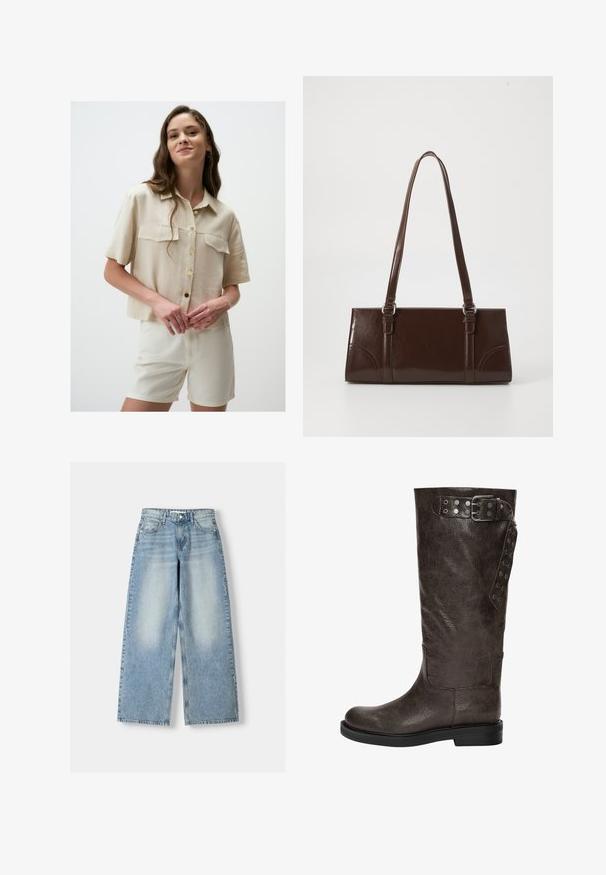 Beige Kurzarmhemd mit kragen, zwei Brusttaschen und goldenen Knöpfen. Kombiniert mit cremefarbenen Shorts, der Stoff wirkt leicht und glatt.; Helle blaue, weit geschnittene Jeans mit hoher Taille, mit einem verwaschenen Finish, fünf Taschen und geradem Schnitt.; Braune Lederstiefel bis zum Knie mit strukturiertem Finish, ausgestattet mit einer Schnalle und Druckknopf-Akzenten an der Seite sowie einer flachen Gummisohle.; Braune Lackleder-Handtasche in rechteckiger Form, mit zwei langen Griffen und subtilen, geschwungenen Akzenten auf der Vorderseite.