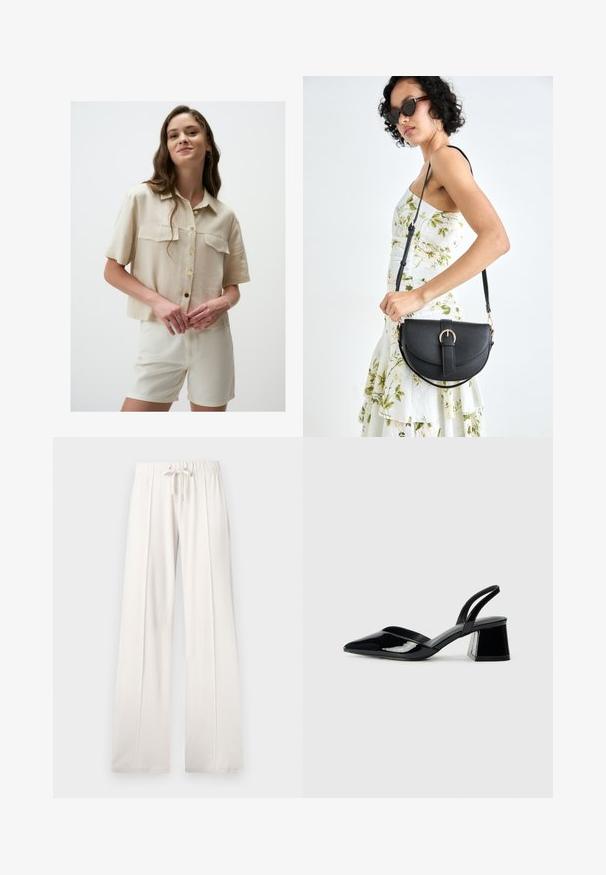 Camicia beige a maniche corte con colletto, due tasche sul petto e bottoni dorati. Abbinata a pantaloni corti color crema, il tessuto appare leggero e liscio.; Pantaloni della tuta beige chiaro realizzati in tessuto morbido, con vita regolabile, gambe larghe e cuciture verticali, dal fondo liscio.; Décolleté in vernice nera con punta affusolata e tacco in geometria cubica. Presentano un design elegante e minimalista, con una texture liscia.; Borsa a tracolla nera in pelle con una forma curva, manico rimovibile e accessori dorati. La borsa presenta una patta con un dettaglio a fibbia.