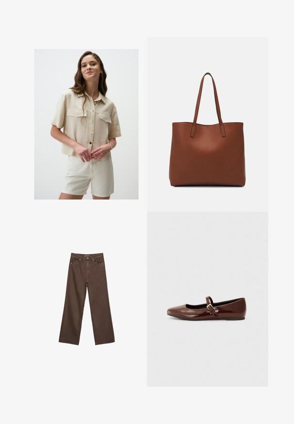 Beige Kurzarmhemd mit kragen, zwei Brusttaschen und goldenen Knöpfen. Kombiniert mit cremefarbenen Shorts, der Stoff wirkt leicht und glatt.; Weite braune Jeans aus Denim, mit hoher Taille, Fronttaschen und klassischem Knopfverschluss. Glatte Textur mit feinen Nähten.; Braune Lackleder-Ballerinas mit quadratischer Zehenform und Riemen mit einer kleinen goldenen Schnalle. Glatte Textur, niedriger Absatz und minimalistisches Design.; Braune Leder-Tote mit glatter Textur, offenem Oberteil und zwei Schulterriemen. Verfügt über minimale Nähte und keine sichtbaren Beschläge.