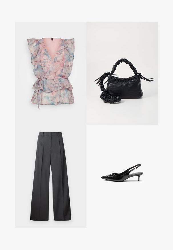 Blomstrende omslagstopp i transparent stoff med rosa, blå og grå nyanser, pufferm, dyp V-hals, og en knytning i midjen med volangkant.; Vide bukser i mørkegrått stoff med høy livlinje, enkel press, og en glatt tekstur med en ren finish på ermekantene.; Sorte skinnert remsandaler med spiss tå, liten kittenhæl og en dekorativ knute detalj foran. Glatt tekstur gjennom hele.; Svart faux skinn-håndveske med krokodilletekstur, strammet topp og en rynket stropp. Ser myk og kompakt ut i designen.