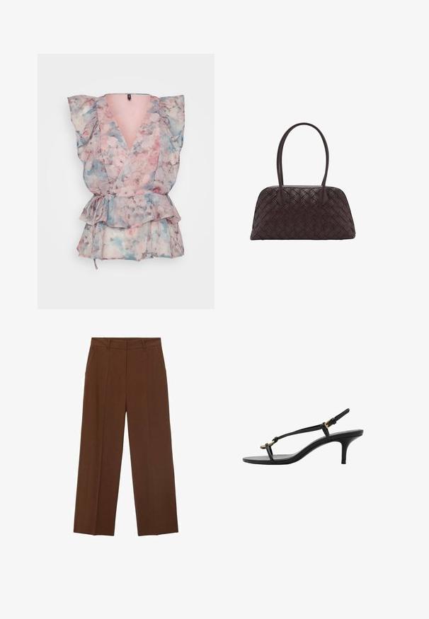 Květinový zavinovací top z průhledné tkaniny s růžovými, modrými a šedými odstíny, nafouklými rukávy, hlubokým V-výstřihem a páskem na zavázání v pase s volánkovým lemem.; Hnědé široké kalhoty vyrobené z hladkého materiálu s vysokým pasem, které mají přední kapsy a úhledný záhyb na přední straně.; Černé kožené sandály na kotníkovém podpatku s tenkými pásky, zlatou sponou a minimalistickým provlečením na prstech na bílém pozadí.; Tkaná hnědá kožená kabelka zaobleného tvaru, s dvojitými horními uchy a hladkým povrchem; obsahuje jemné prošívání jako designový detail.; Stříbrný náhrdelník s řetízkem, který obsahuje tři vzájemně propletené prstence: dva stříbrné a jeden zlatý, s hladkým povrchem a zapínáním na krabicovou sponu.