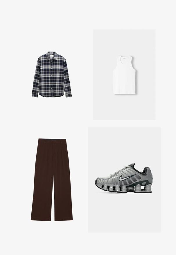 Námornícky modrá a šedá károvaná košeľa s dlhým rukávom, gombíkovým golierom a prednými gombíkmi, vyrobená z jemnej, textúrovanej tkaniny.; Biely bavlnený tielko s okrúhlym výstrihom, širokými ramennými popruhmi a rovnom spodným lemom, ktoré má hladkú textúru a žiadne viditeľné vzory.; Hnedé nohavice s širokými nohavicami a plisovaním. Vyrobené z hladkej látky, s upraveným pásom a bočnými vreckami. Rovný lem na spodnej časti.; Sivé a čierne bežecké topánky Nike s viditeľným odpružením podobným pružine pod podrážkou a bielym logom swoosh na boku.