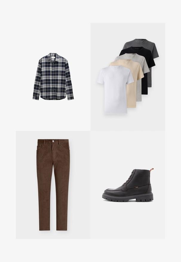 Tumesinine ja hall ruuduline pikkade varrukatega särk, millel on nööpidega krae ja eest nööbid, valmistatud pehmest, tekstureeritud kangast.; Viie lühikese varrukaga T-särgi komplekt, mis sisaldab valget, beeži, heletüüki, tumehallit ja musta. Valmistatud siledast puuvillast, ümmarguse kaela disainiga.; Pruunid korduroypüksid sirge lõikega, millel on nupuga sulgumine, eesosal olevad taskud ja vertikaalne ribakujundus kogu püksil.; Pruunist nahast pahkluu saapad, ümarate varvastega, ühtlase õmblusega, robustse musta kummitallaga ning oranži tõmbepaela ehk silmusegaga kannal.