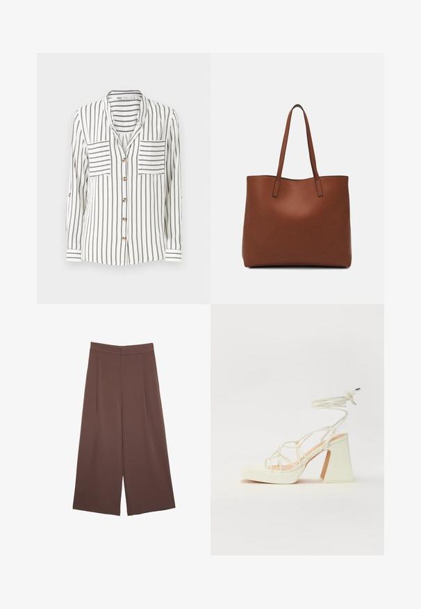 Camicia bianca a maniche lunghe con strisce verticali nere, dotata di due tasche sul petto, chiusura con bottoni e polsini con dettaglio a strisce.; Pantaloni ampi marroni con una texture liscia, caratterizzati da una vita alta e pieghe frontali. Il tessuto è leggero e scorre liberamente.; Sandalo bianco con tacco alto, caratterizzato da un design a cinturini e un legaccio alla caviglia. Texture liscia con una piattaforma frontale per un'altezza aggiuntiva.; Borsa tote in pelle marrone con texture liscia, design con apertura superiore e due spallacci. Presenta cuciture minime e nessun hardware visibile.