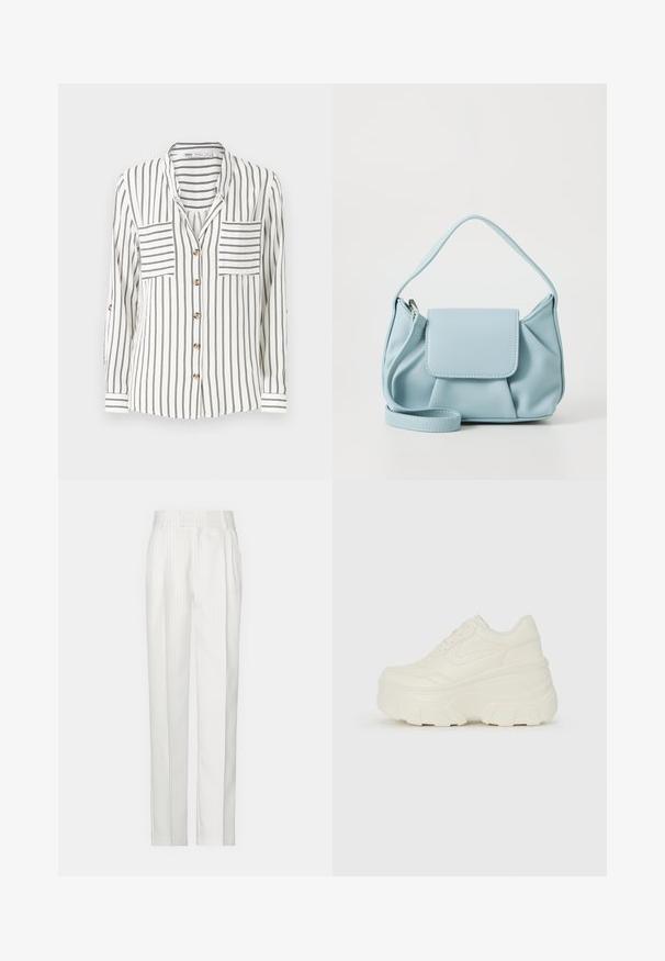 White long-sleeve shirt with black vertical stripes, featuring two chest pockets, a button-down front, and cuffs with stripe detail.; White pinstriped trousers with a straight leg design, made from a lightweight fabric. Features pleats at the front and a traditional waistband.; White platform sneakers featuring a smooth leather-like upper, rounded shape, padded collar, and textured rubber sole with defined treads.; Light blue leather handbag with a top handle, front flap pocket, and detachable wrist strap on a white background.