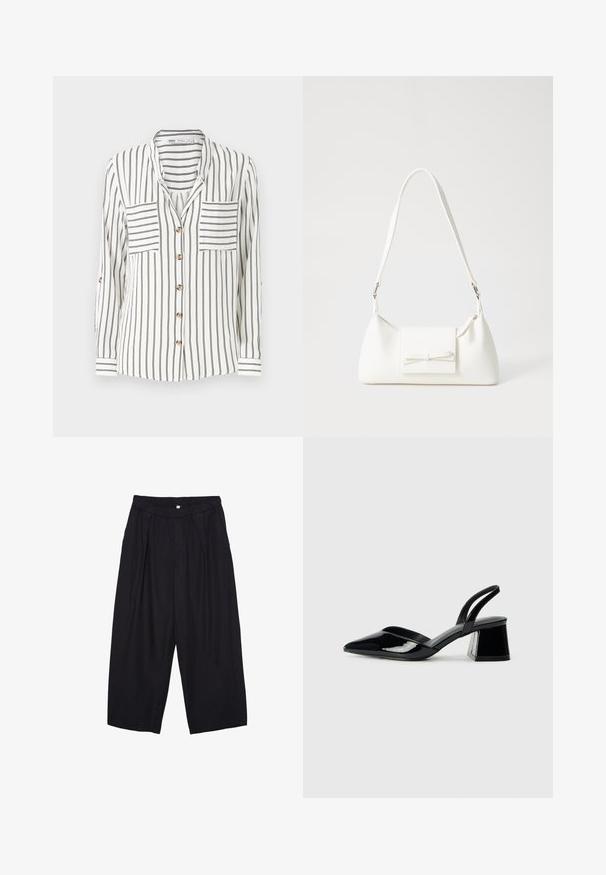 Weißes Langarmshirt mit schwarzen vertikalen Streifen, ausgestattet mit zwei Brusttaschen, einer Knopfleiste und Manschetten mit Streifenmuster.; Schwarze Polyester-Culotte mit einem elastischen Bund, zwei vorderen Falten und einer lockeren Silhouette. Keine sichtbaren Muster oder Hardware-Details.; Schwarze Lackleder-Slingback-High Heels mit spitzem Schuh und einem geometrischen Blockabsatz. Verfügt über ein schlankes, minimalistisches Design und eine glatte Textur.; Weiße synthetische Handtasche in dreieckiger Form, flache Vorderklappe und Schleifendetail, verstellbarer Trageriemen, glatte Textur und minimalistisches Design.