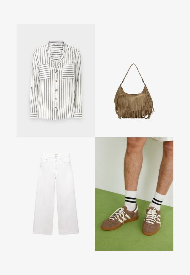 Valkoinen pitkähihaista paitaa, jossa on mustat pystysuorat raidat. Paitassa on kaksi rintataskua, napitettava etuosa ja hihansuissa raidalliset yksityiskohdat.; Valkoiset leveälahkeiset farkut, jotka on valmistettu puuvillasta, sisältävät korkeavyötärön, viisi taskua ja messinkiset yksityiskohdat. Sujuva, ei kulutettu pinta.; Ruske nahkate sneakerit valkoisilla korostuksilla ja nauhoilla. Kumi-gumipohja. Yhdistetty valkoisiin sukkiin, joissa on mustia raitoja. Vihreä teksturoitu lattia.; Ruskea mokkanahkainen käsilaukku, jossa on pitkät fringer yksityiskohdat, kaareva muoto ja yksi olkahihna. Pinta on sileä ja teksturoitu.