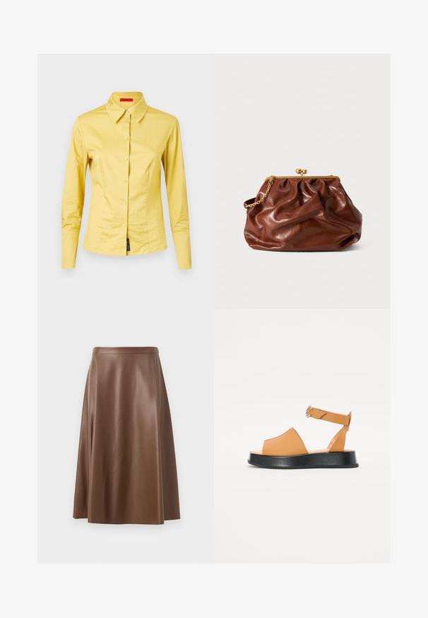 Cămașă galbenă cu mânecă lungă, cu guler ascuțit, dintr-un material neted, și cu un detaliu cu etichetă neagră în partea stângă jos.; Fustă A-line din piele maro, cu o textură netedă și un tiv de lungime medie. Prezintă un talie ajustată și o ușoară evazare de la șolduri.; Sandale din piele arămie cu partea din față largă, vârful deschis, curea ajustabilă și talpă groasă neagră. Textură netedă și design minimalist.; Plică din piele maro cu ramă aurie și mânere scurte din lant auriu, având o textură moale, pliată pe un fundal alb.