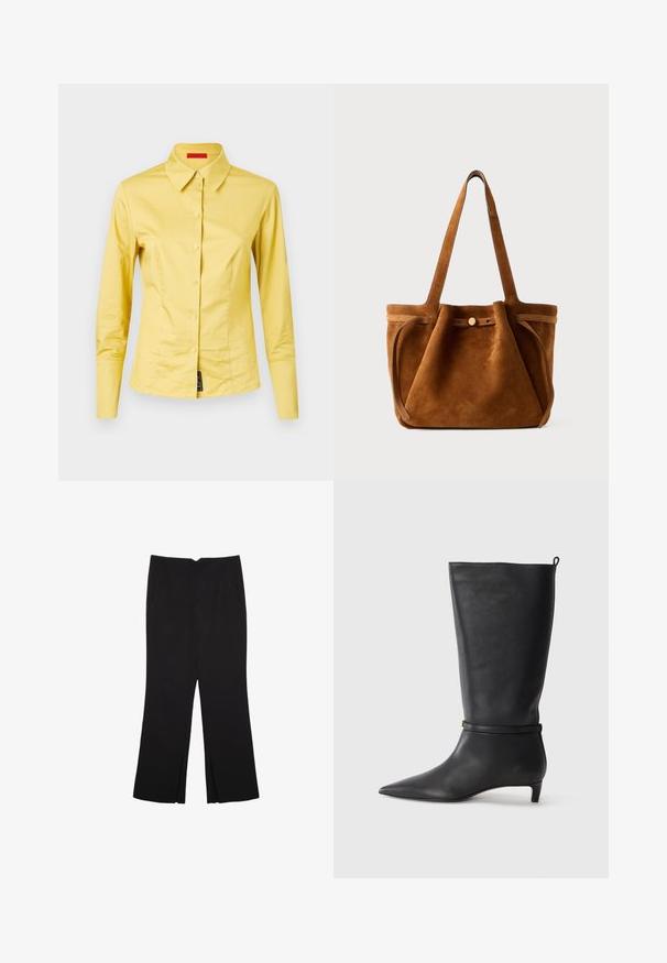 Langärmliges, gelbes Hemd mit Knopfleiste und spitzem Kragen, aus glattem Stoff und mit einem schwarzen Etikett am unteren linken Rand.; Schwarze Hose mit geradem Schnitt, ausgestattet mit Fronttaschen und Seitenschlitzen am Saum. Hergestellt aus weichem, glattem Stoff. Geeignet für verschiedene Anlässe.; Schwarze Lederkniehohe Stiefel mit spitzem Zehen, akzentuiert durch einen runden Riemen um das Knöchel und einen niedrigen, tapernden Absatz. Glatte Textur.; Braune Wildleder-Umhängetasche mit zwei Griffen, einem Knopfverschlussriemen und einer entspannten, leicht schlaffen Form.