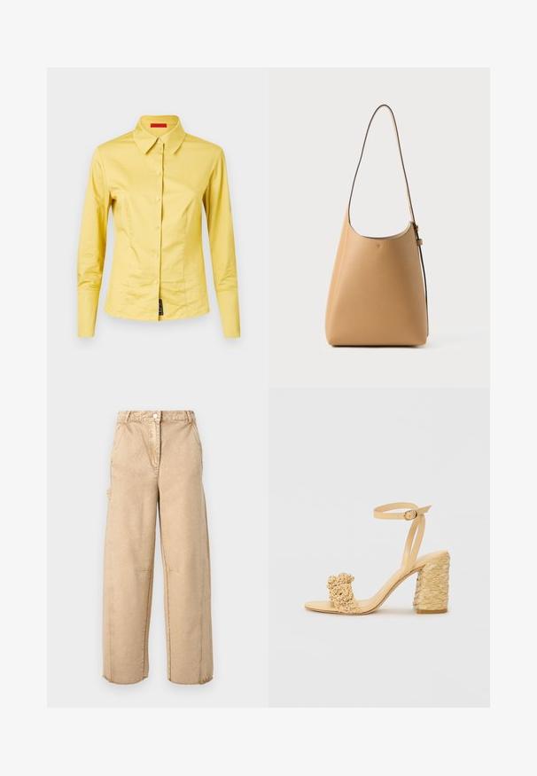 Ilgi piedurkņu dzeltena pogkrekla ar izteiktu apkakli, gluda auduma un melnas etiķetes detaļa apakšējā kreisajā stūrī.; Beige platās kājas bikses ar pogu aizdari, divām sānu kabatām, vieglu nolietojumu un plīsušiem malām. Izgatavotas no mīksta, teksturēta auduma.; Bēšas augstpapēžu sandaļi ar pītas faktūras dizainu, kas ietver dekoratīvu ziedu un potītes siksnu. Kvadrātveida papēdis nodrošina stabilitāti.; Gaisas brūnās ādas pleca soma ar gludu tekstūru, minimālisma dizainu, vienu izliekta formā esošu siksnu un vieglu aparatūru.