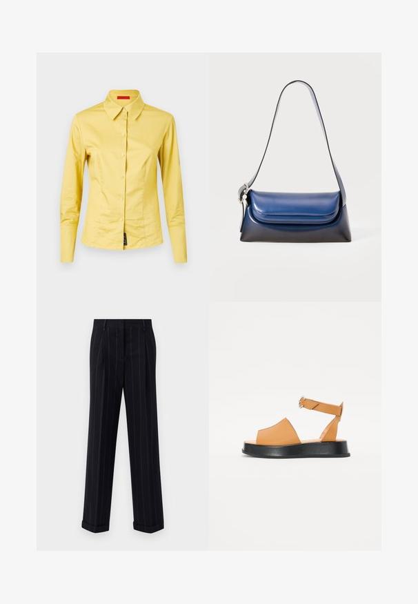 Langærmet gul skjorte med knaplukning og spidse krave, glat stof og en sort mærke detalje nederst til venstre.; Sorte pinstripede bukser med en skræddersyet pasform, der har en manchetkant og frontfolder. Lavet af glat stof med et struktureret design.; Tan lædersandal med bred front, åben tå, justerbar rem og en tyk sort platformssål. Glat tekstur og minimalistisk design.; Marineblå læderhåndtaske med glat overflade, rund form, foldet top og en enkelt skulderrem. Inkluderet sølv hardware accent.