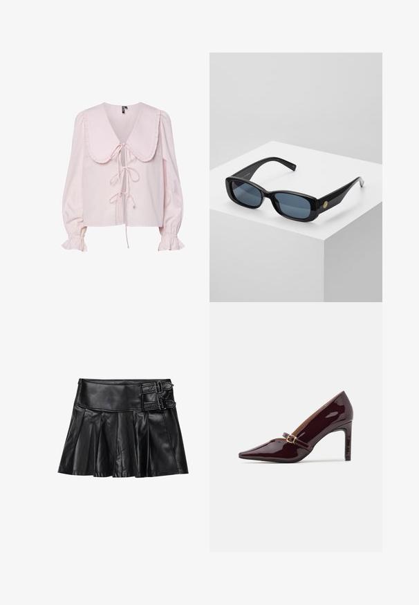 Blouse rose avec un grand col volanté, un lien en ruban à l'avant et des manches bouffantes avec des poignets élastiques. Texture de tissu lisse.; Jupe en cuir noir avec des plis, taille large et deux accents à boucle sur le côté. Texture lisse avec une finition brillante.; Chaussure à talon aiguille bordeaux en patent avec un embout pointu, une bride de cheville comportant des accents en métal doré, et une finition lisse et brillante. Talon stiletto surélevé.; Lunettes de soleil noires rectangulaires avec verres teintés bleu, monture épaisse et un accent circulaire doré sur le côté. Finition lisse et brillante.; Sac à main bourgogne en matériau synthétique avec un design structuré, doté d'une bandoulière amovible et d'un foulard à motif floral noué au poignet.